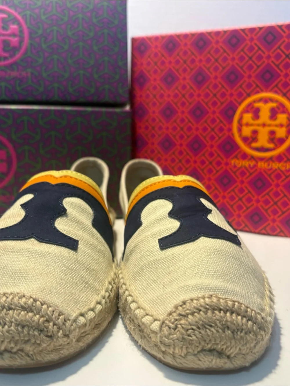 Tory Burch Cream Canvas Espadrilles with Navy Logo & Yellow-Orange Trim